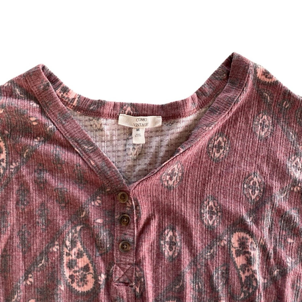 Como Vintage Paisley Faded Pale Red Knot Hem Tie Front Long Sleeve Blouse Top