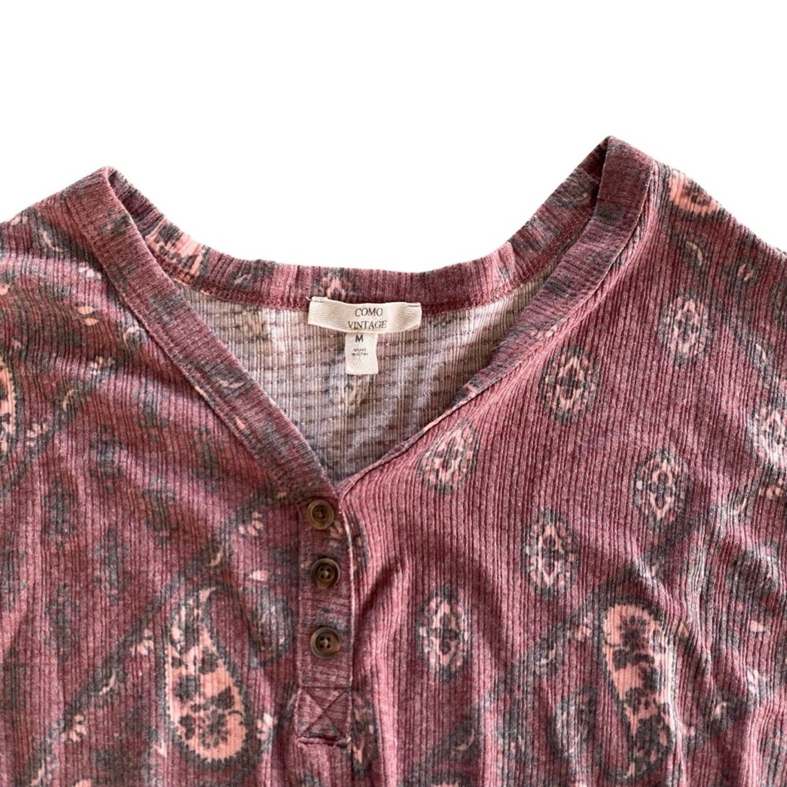 Como Vintage Paisley Faded Pale Red Knot Hem Tie Front Long Sleeve Blouse Top