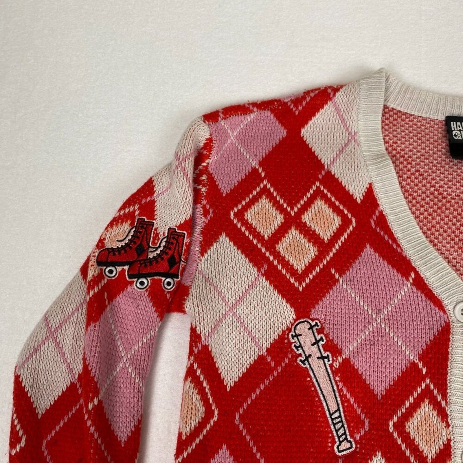 Harley Quinn DC Comics Batman Red Pink Plaid Button Down Patch Cardigan Small