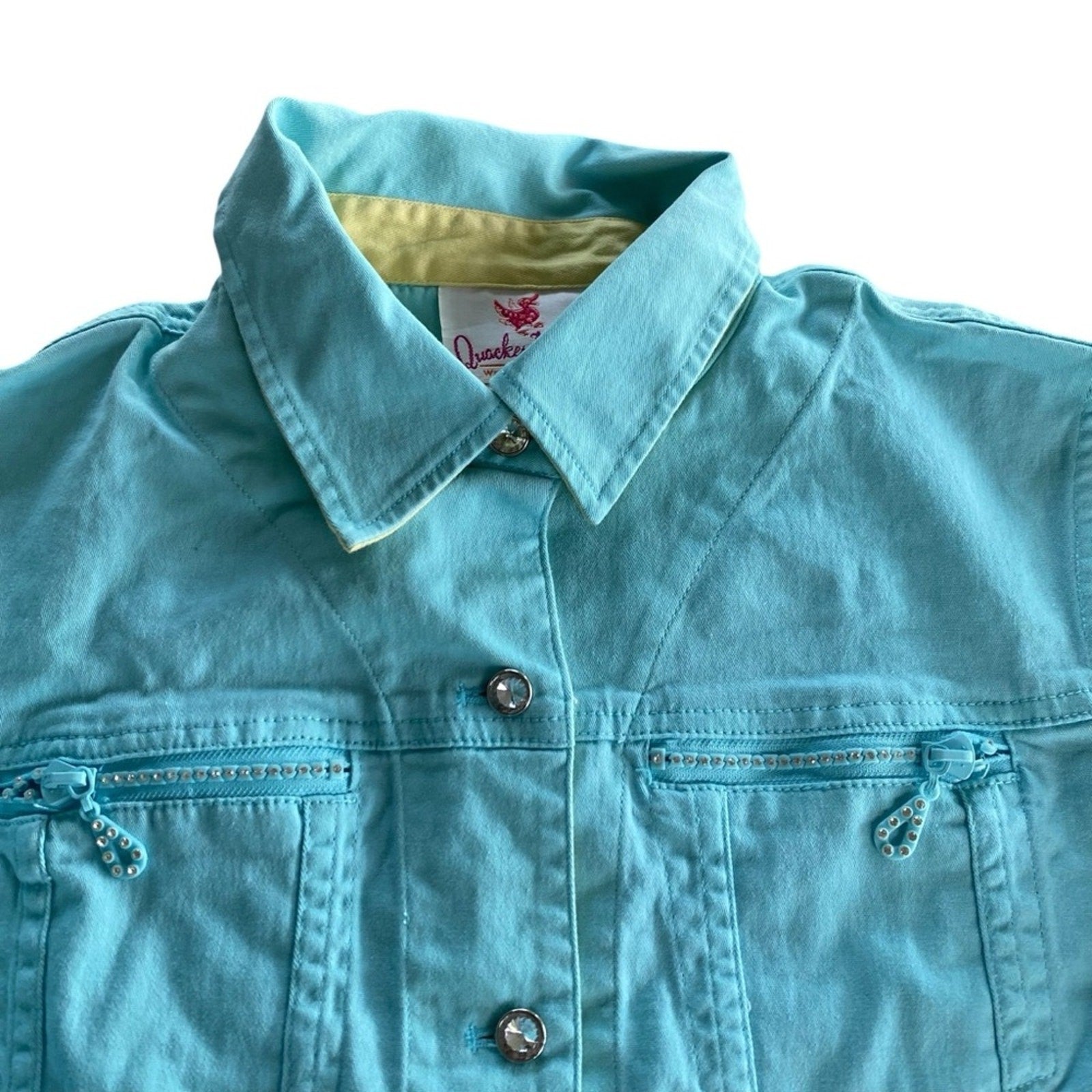 Quacker Factory Rhinestone Fringe Hem Baby Blue Denim Style Chore Button Jacket
