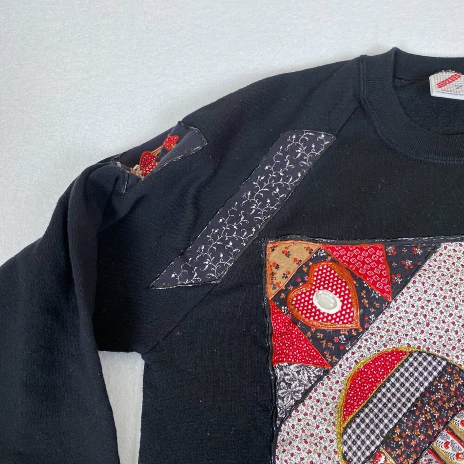 Vintage Made in USA Art Embroidered Quilted Jeweled Heart Paisley Sweatshirt