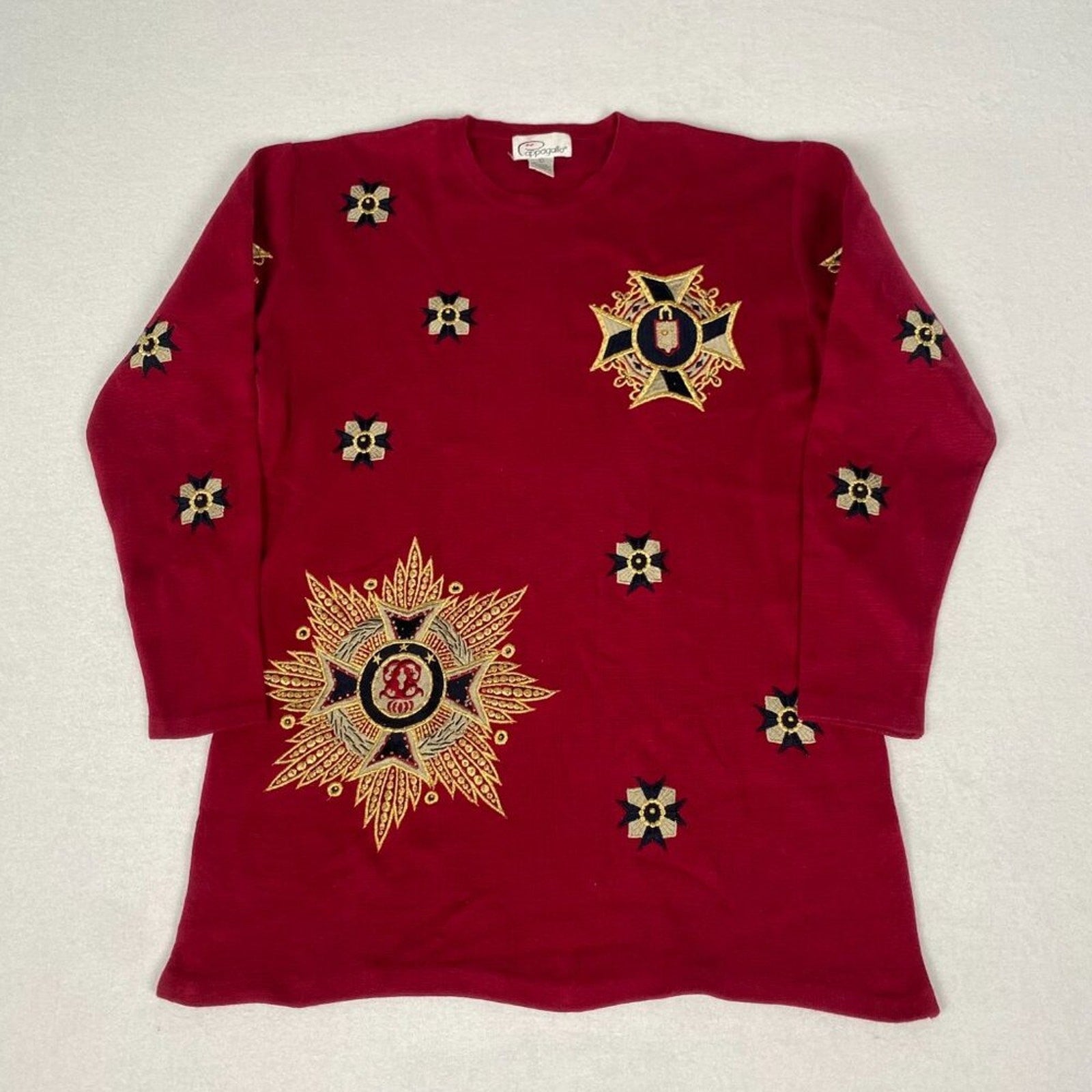 Vintage 80s Embroidered Ornate Heraldic Starburst Crest Tunic Red Knit Sweater