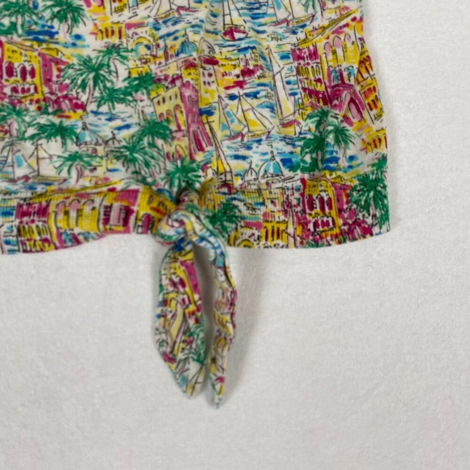 Talbots Summer European Beach Sail Vacation Print Knotted Hem Cotton Blouse