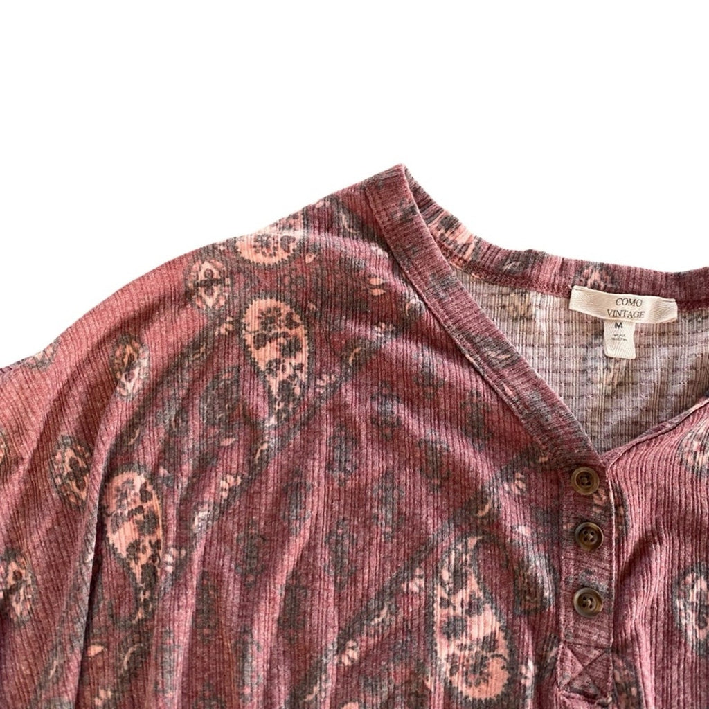 Como Vintage Paisley Faded Pale Red Knot Hem Tie Front Long Sleeve Blouse Top
