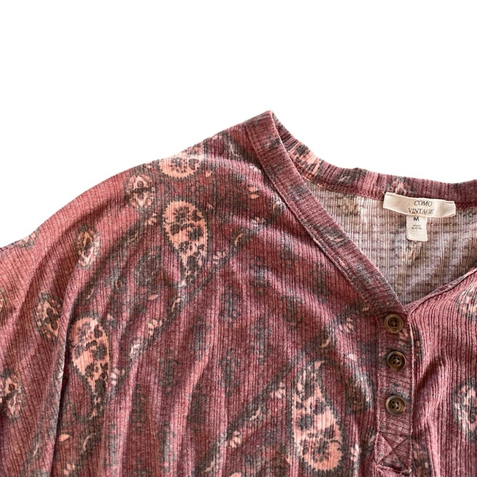 Como Vintage Paisley Faded Pale Red Knot Hem Tie Front Long Sleeve Blouse Top