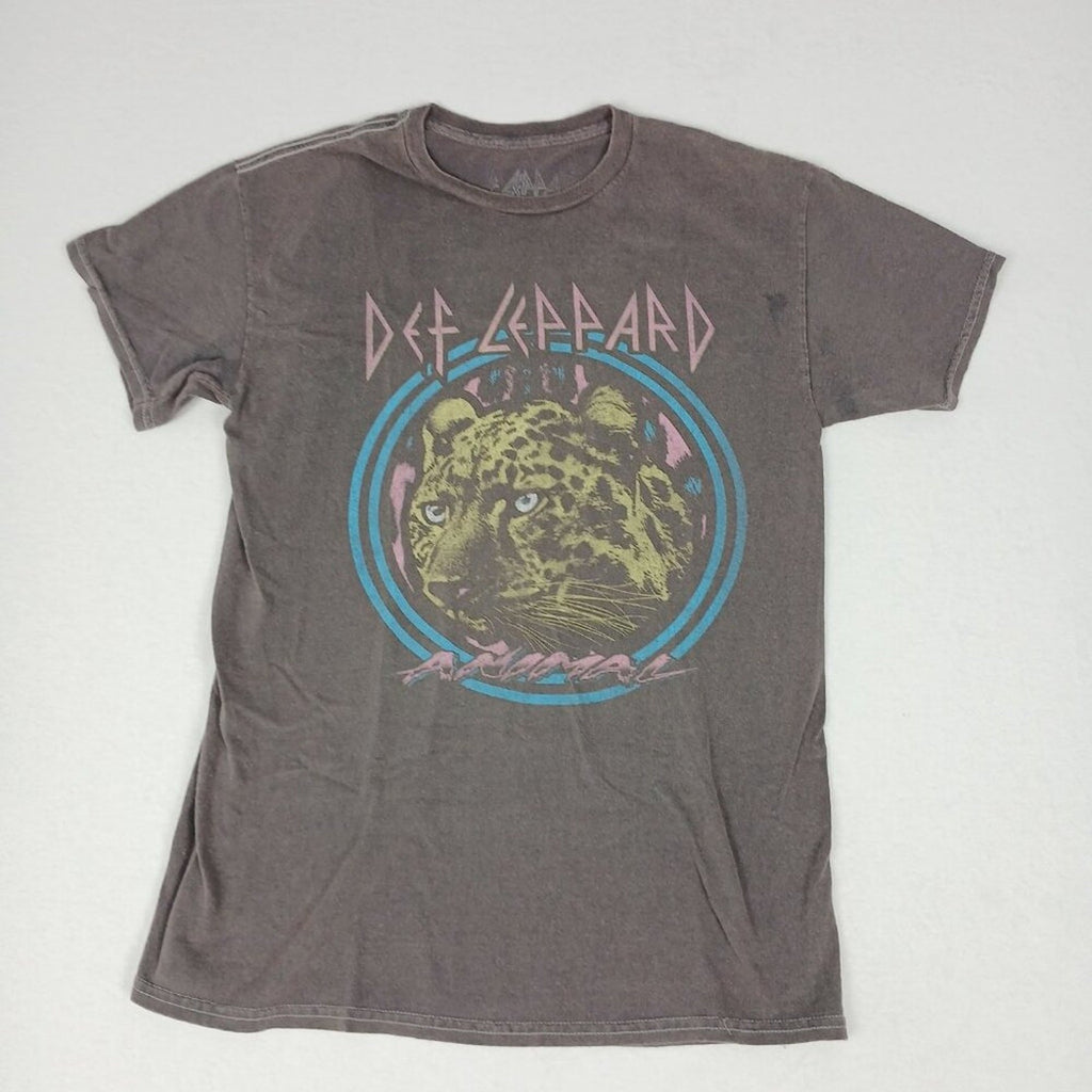 Def Leppard Cotton Purple Blue Leopard Graphic Faded Grey Tee Size Small
