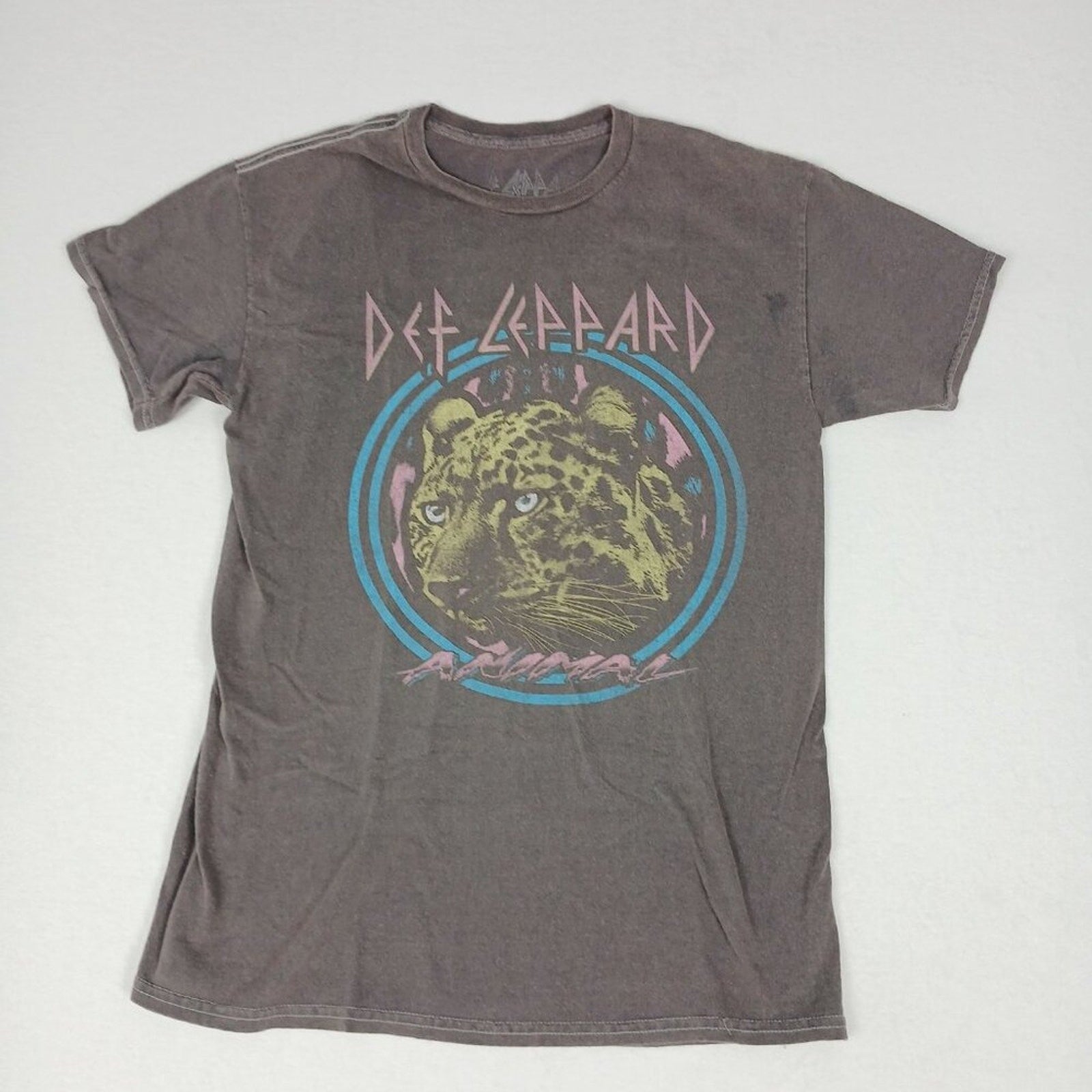 Def Leppard Cotton Purple Blue Leopard Graphic Faded Grey Tee Size Small