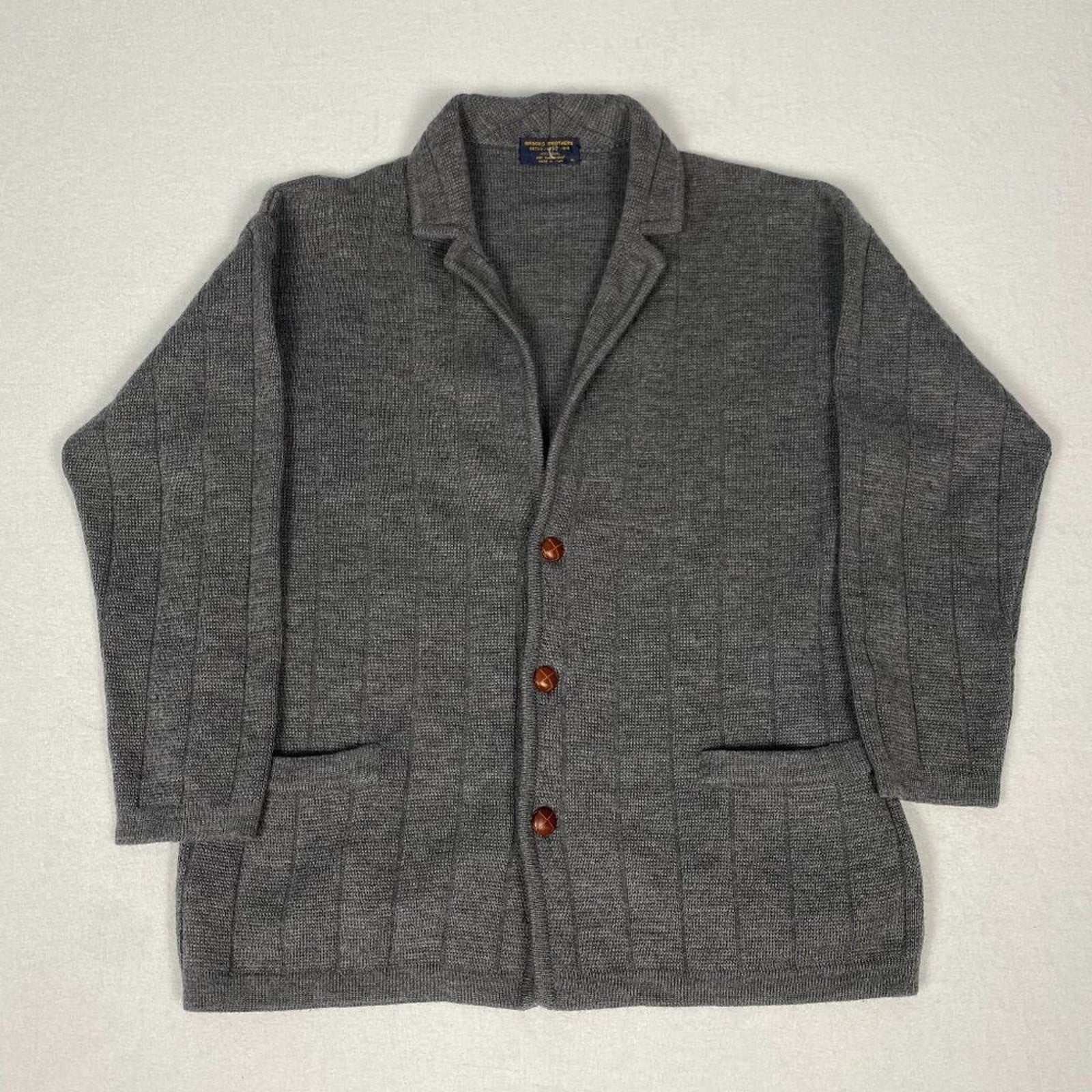 Vintage Brooks Brothers Wool Made in Italy Grey Knit Cardigan Jacket Coat XL