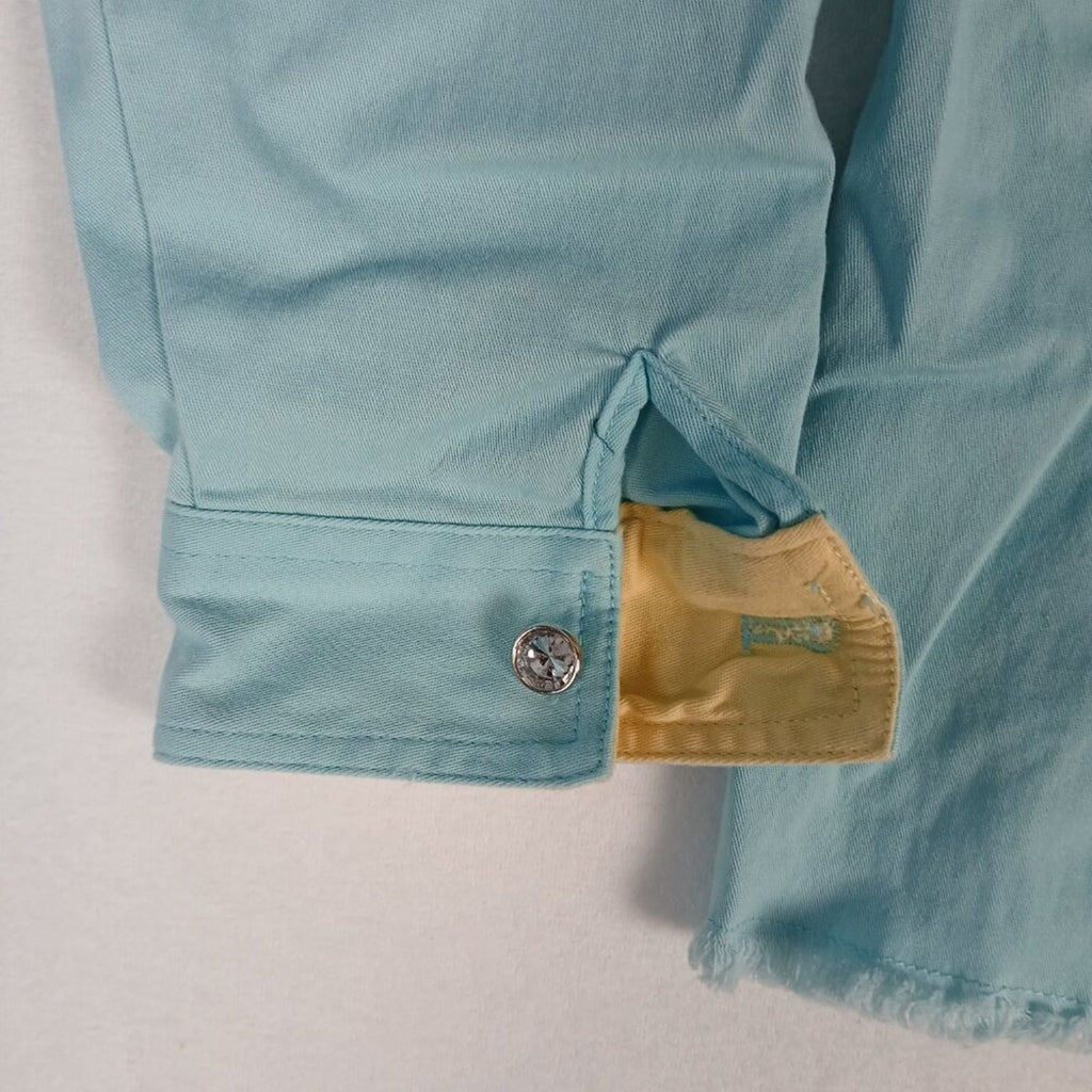 Quacker Factory Rhinestone Fringe Hem Baby Blue Denim Style Chore Button Jacket