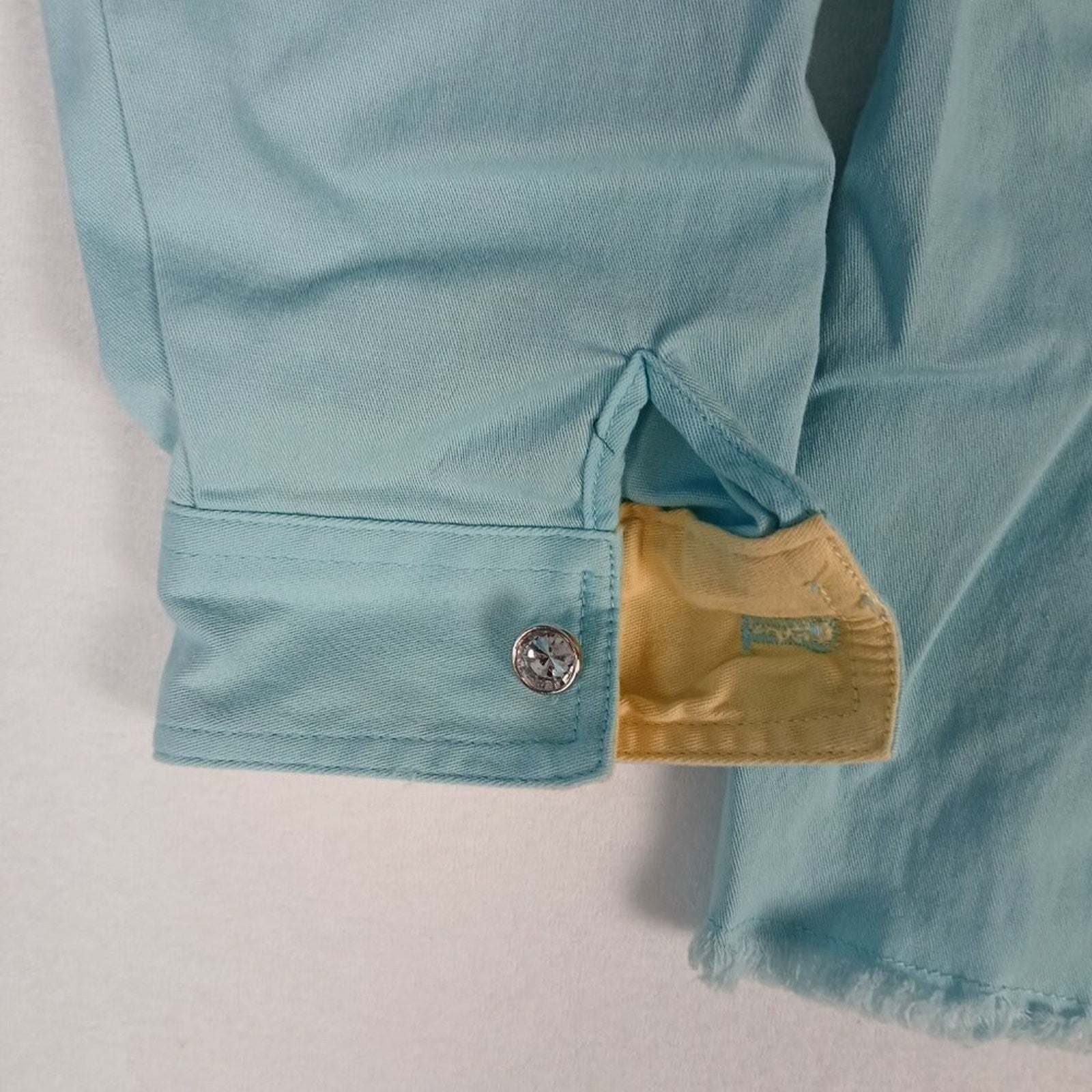 Quacker Factory Rhinestone Fringe Hem Baby Blue Denim Style Chore Button Jacket