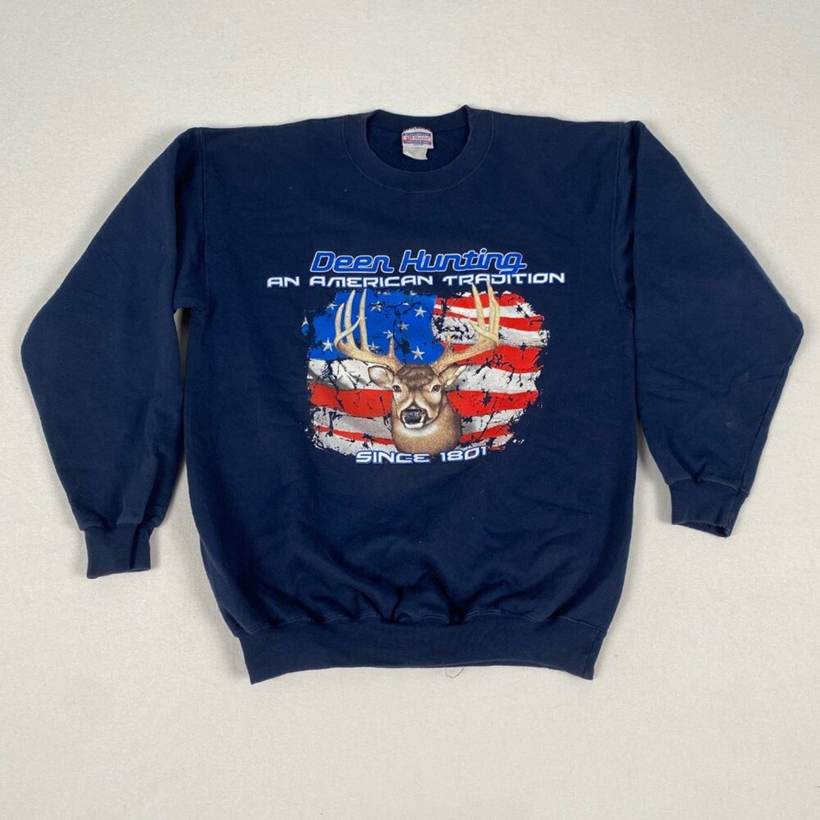 Deer Hunting American Tradition Buck Flag Graphic Navy Blue Crewneck Sweatshirt