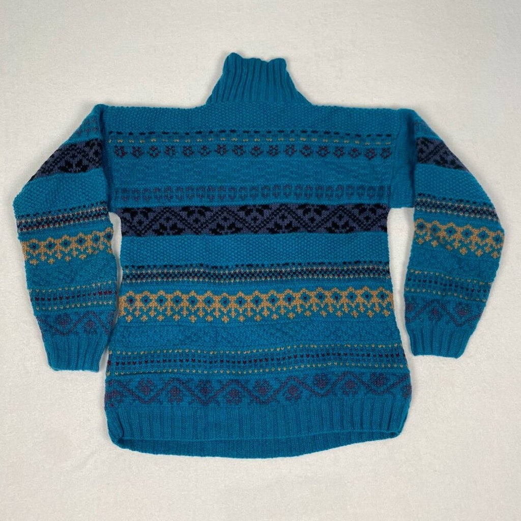 Vintage Skyr Shetland Wool Fair Isle Geometric Striped Button Cowl Sweater