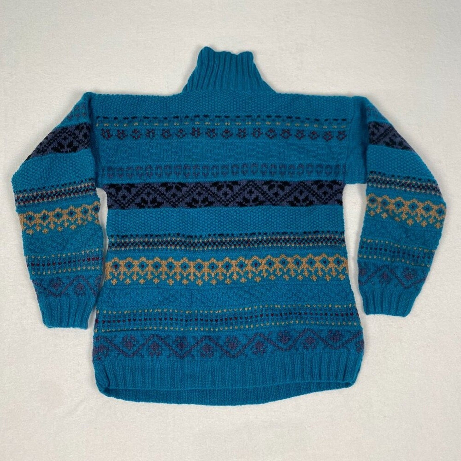 Vintage Skyr Shetland Wool Fair Isle Geometric Striped Button Cowl Sweater
