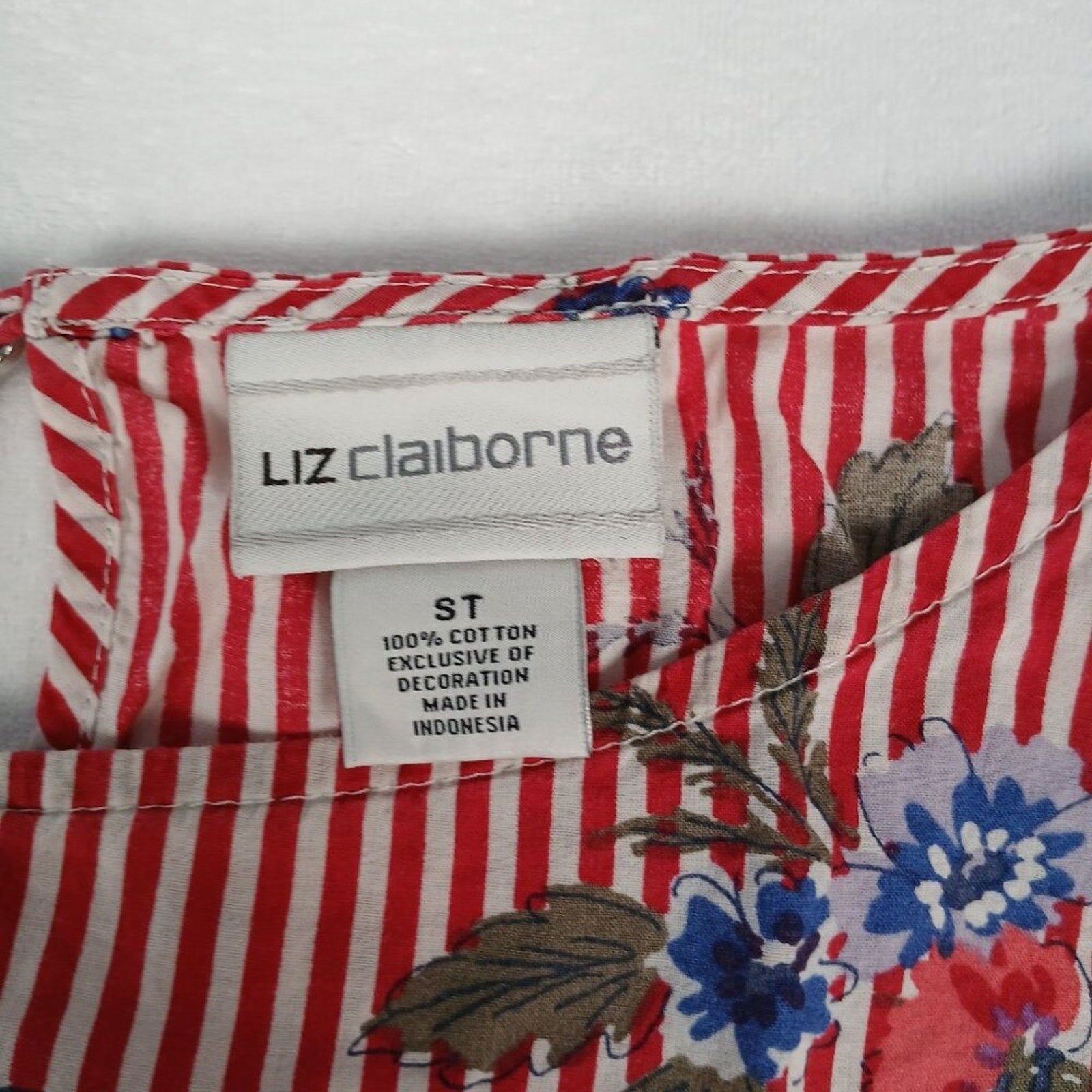 Liz Claiborne Candy Striped Floral Cotton Light Blouse Size Small Tall