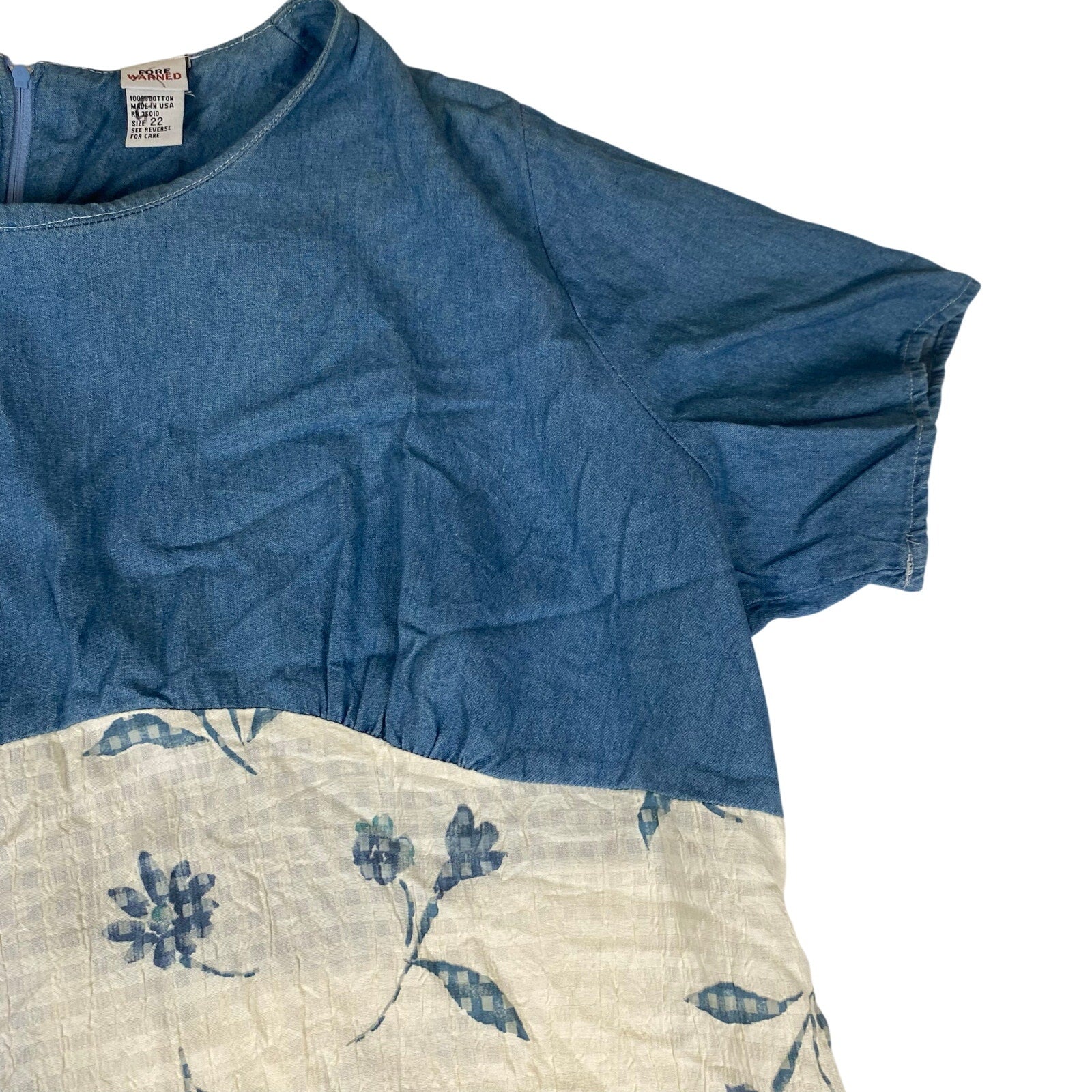 Vintage Made in USA Forewarned Denim Style Chambray Blue Cotton Floral Dress