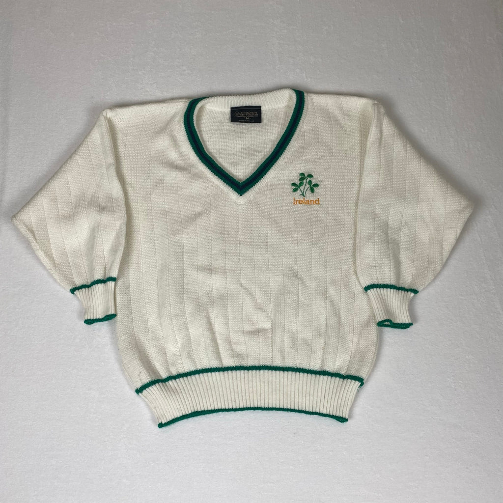Vintage Made in Ireland Crafton Shamrock White Green Deep V Neck Knit Sweater