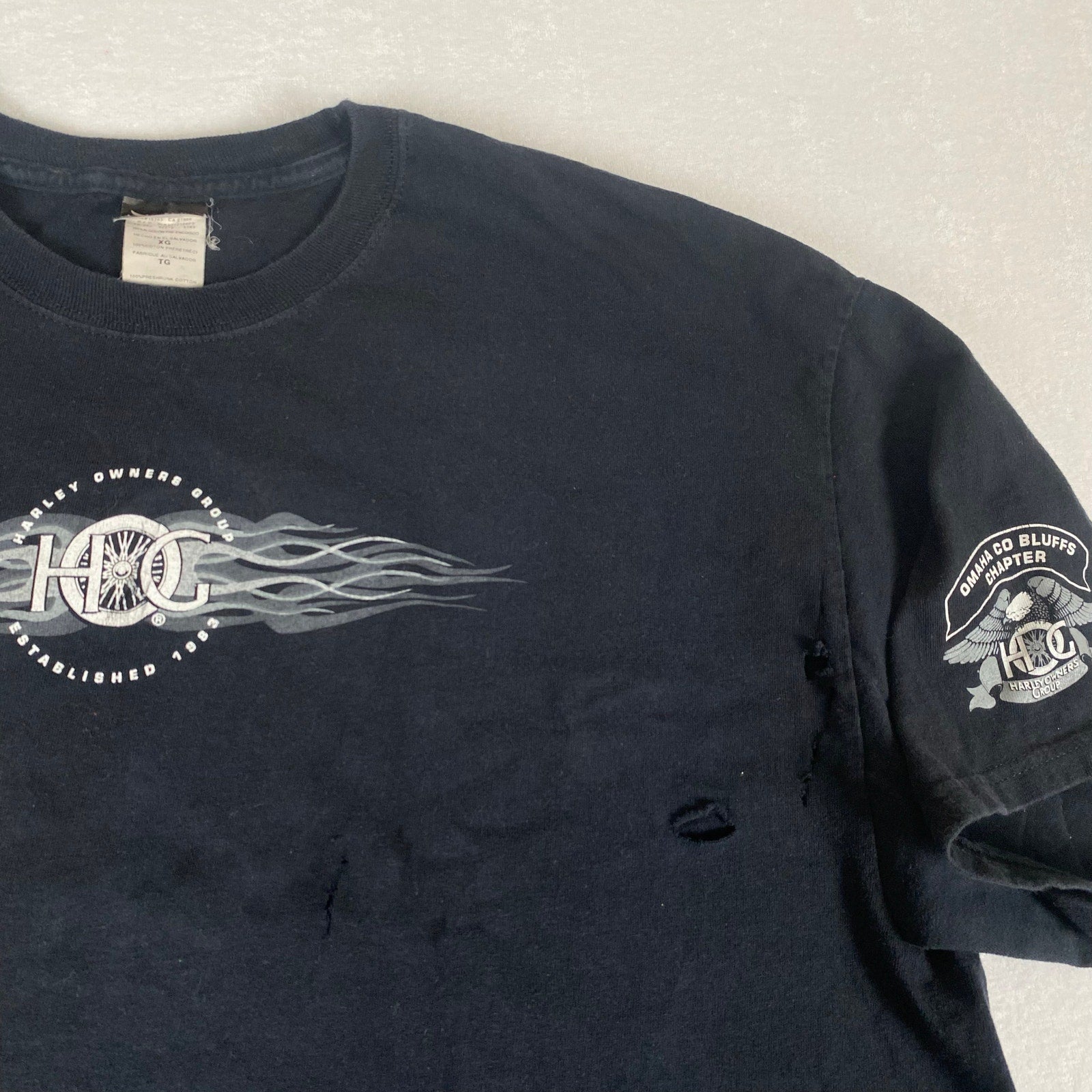 Harley Davidson Owners Group Omaha Flames Distressed Faded Black Cotton Tee