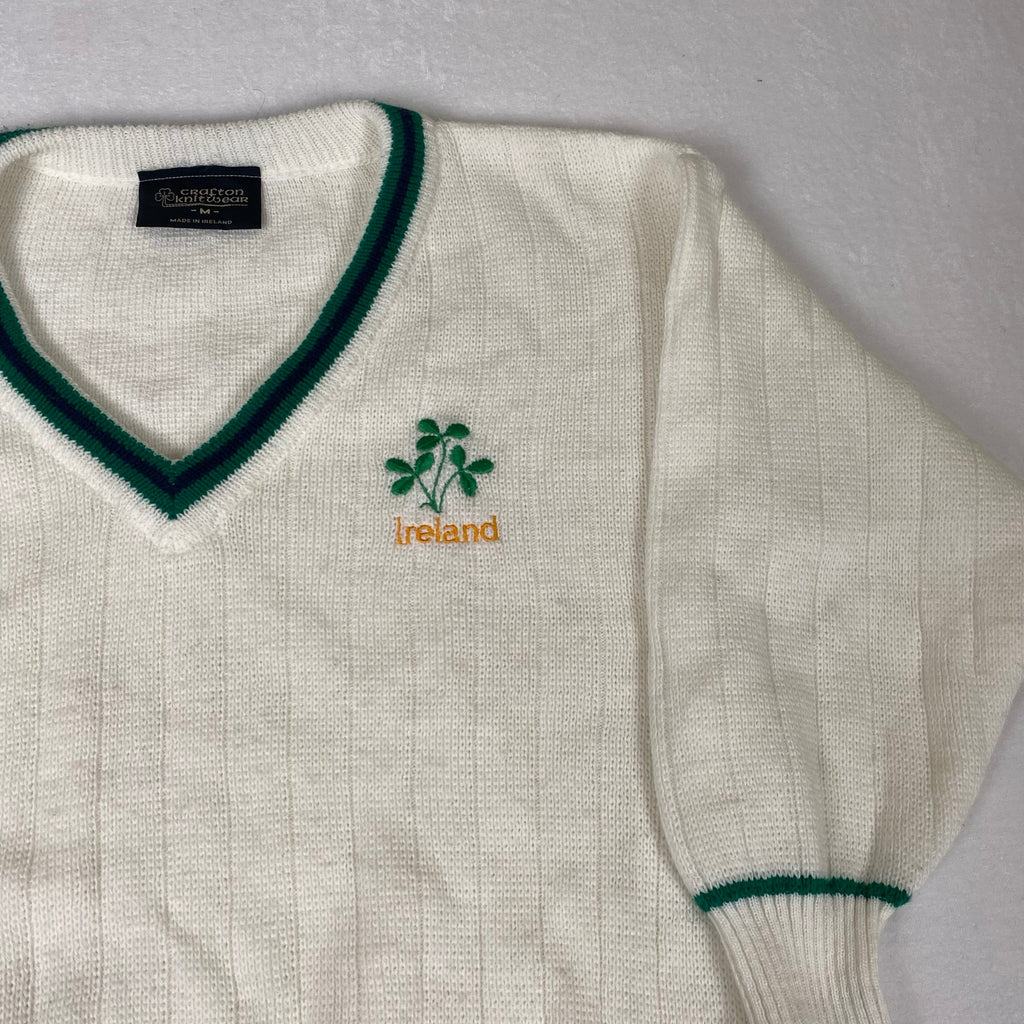 Vintage Made in Ireland Crafton Shamrock White Green Deep V Neck Knit Sweater