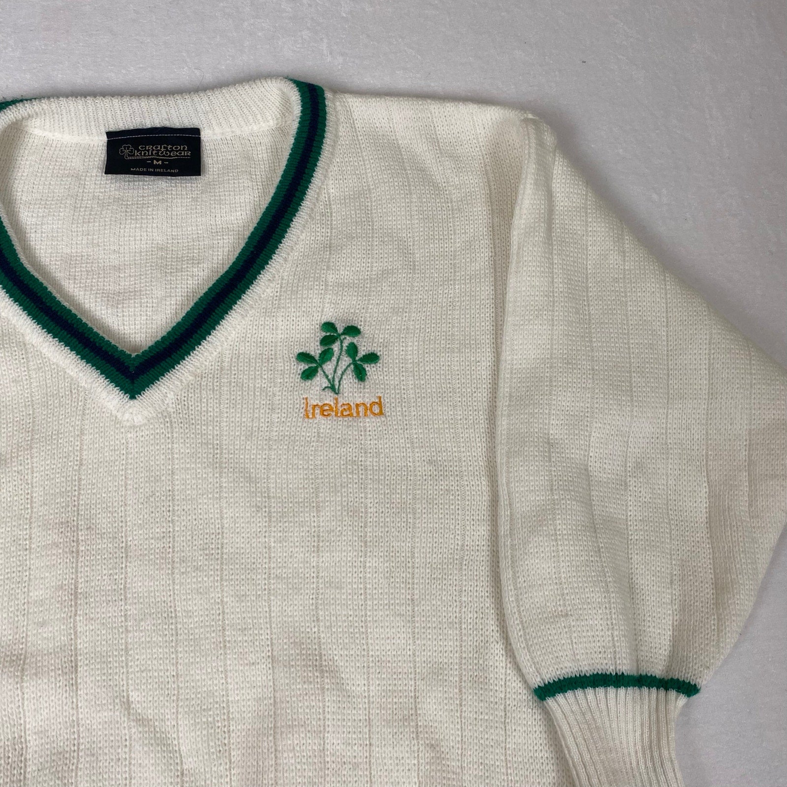 Vintage Made in Ireland Crafton Shamrock White Green Deep V Neck Knit Sweater