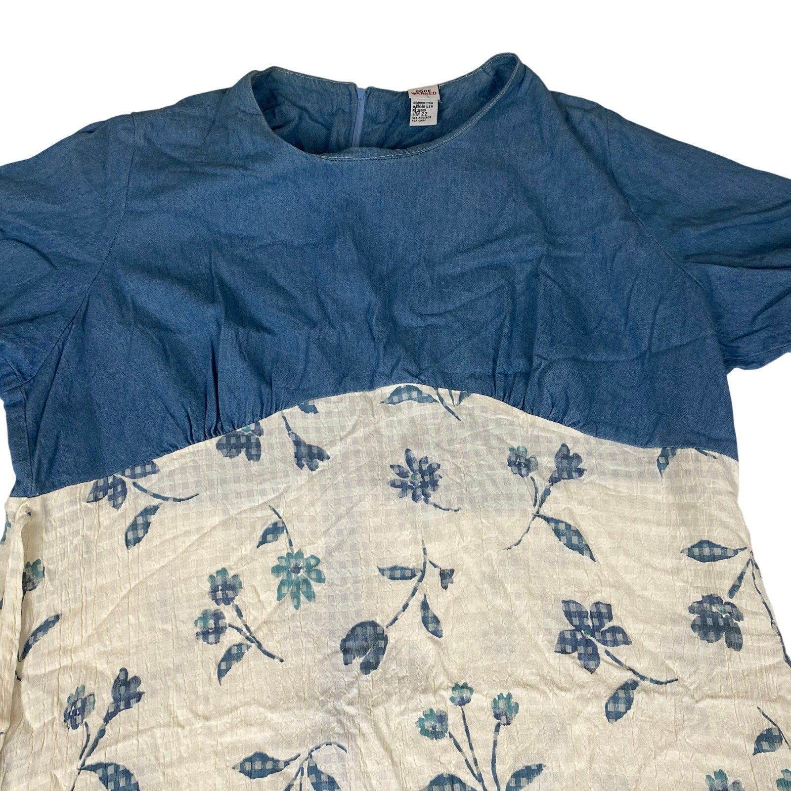 Vintage Made in USA Forewarned Denim Style Chambray Blue Cotton Floral Dress