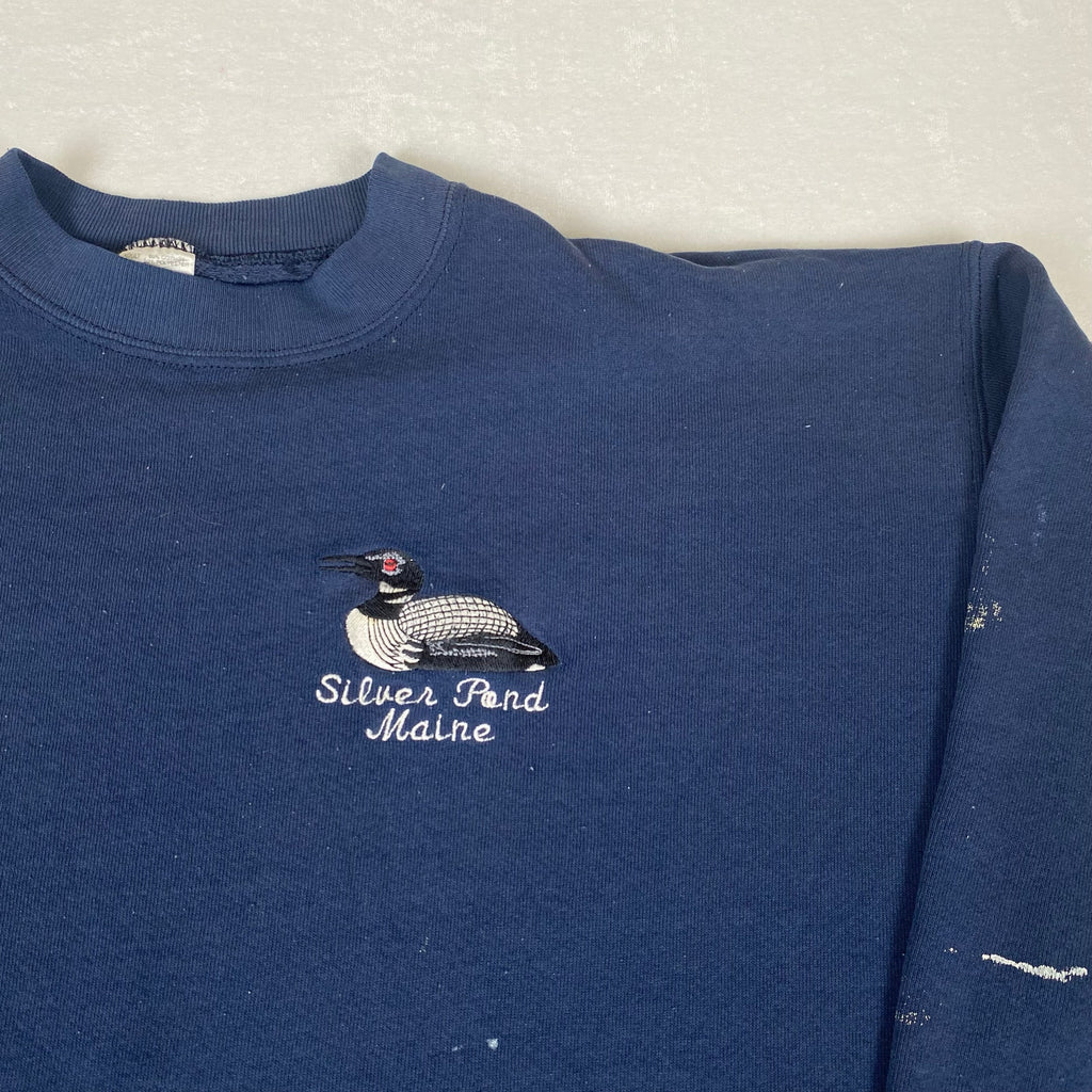 Vintage Made in USA Silver Pond Maine Paint Splatter Distressed Blue Sweatshirt