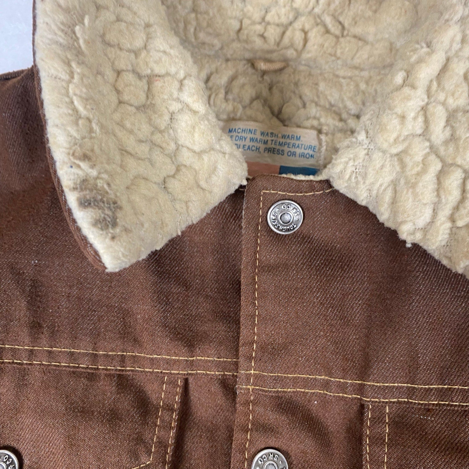 Vintage 70s Sears Made in USA Put On Shop Sherpa Lined Brown Trucker Work Jacket