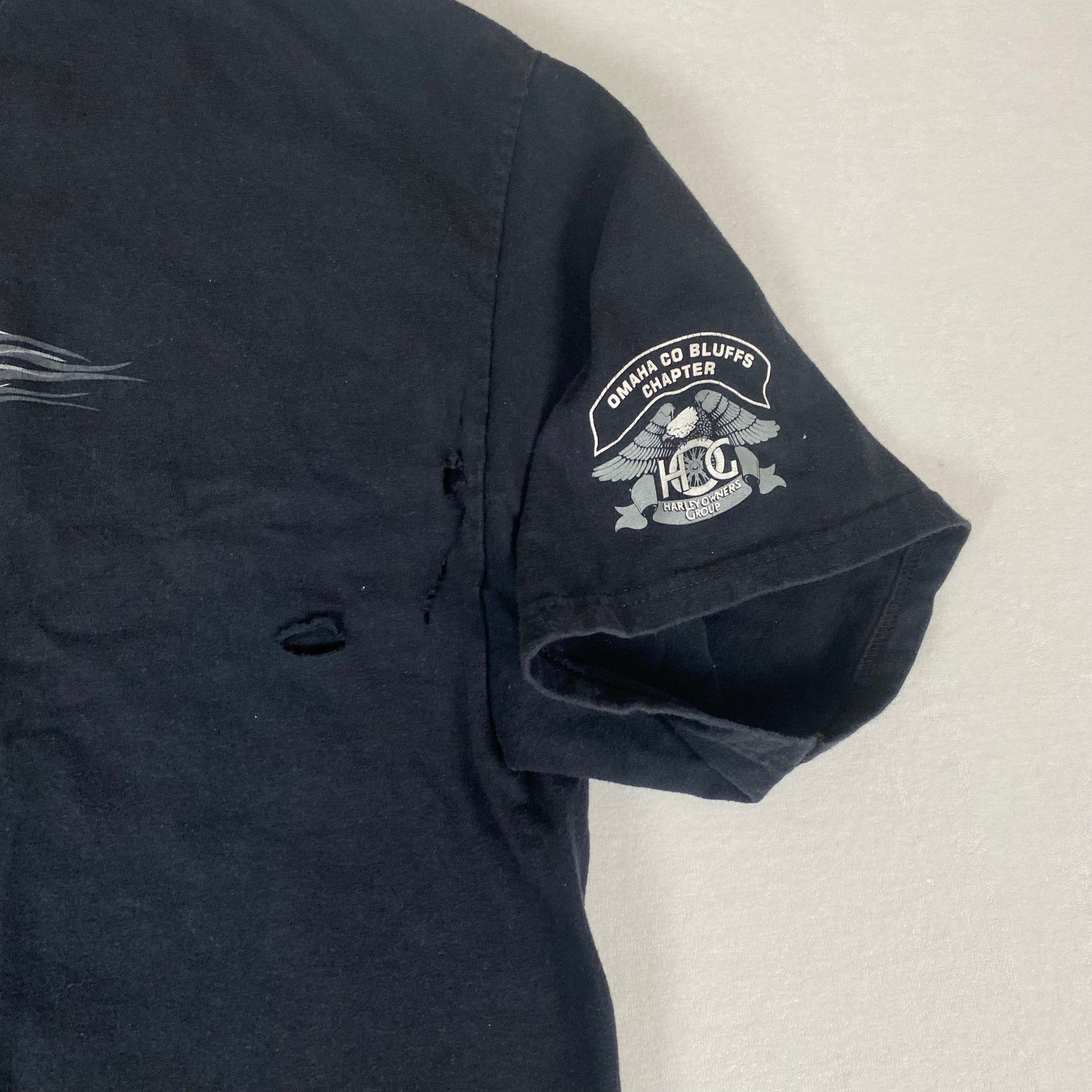 Harley Davidson Owners Group Omaha Flames Distressed Faded Black Cotton Tee