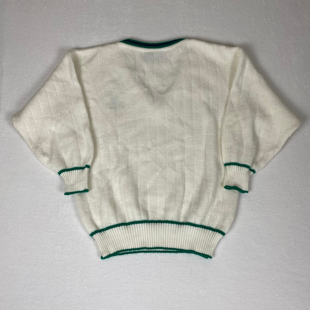 Vintage Made in Ireland Crafton Shamrock White Green Deep V Neck Knit Sweater