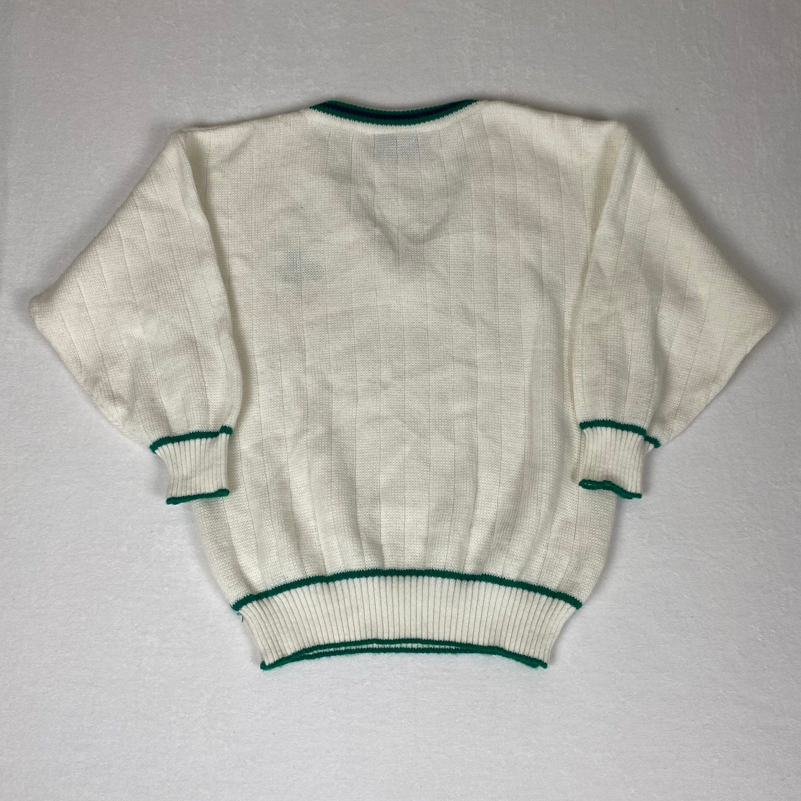 Vintage Made in Ireland Crafton Shamrock White Green Deep V Neck Knit Sweater