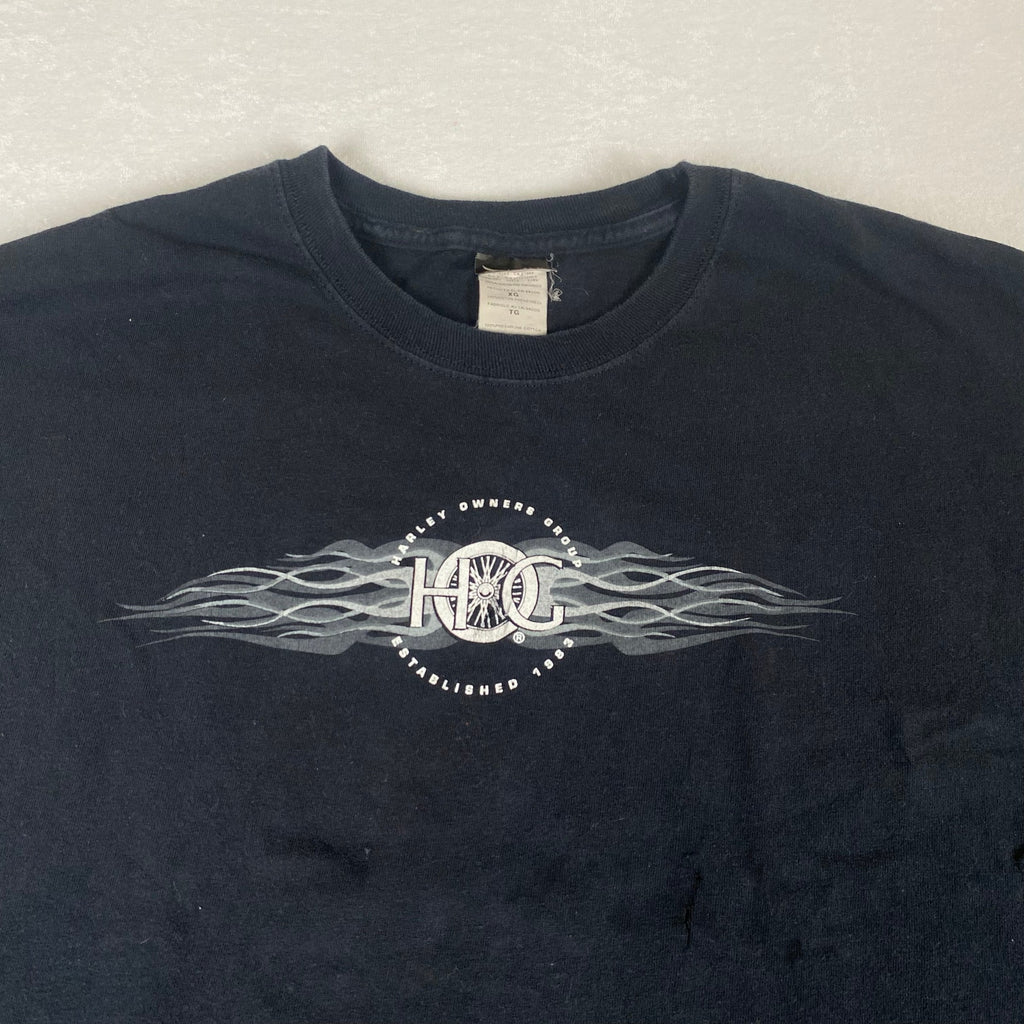 Harley Davidson Owners Group Omaha Flames Distressed Faded Black Cotton Tee