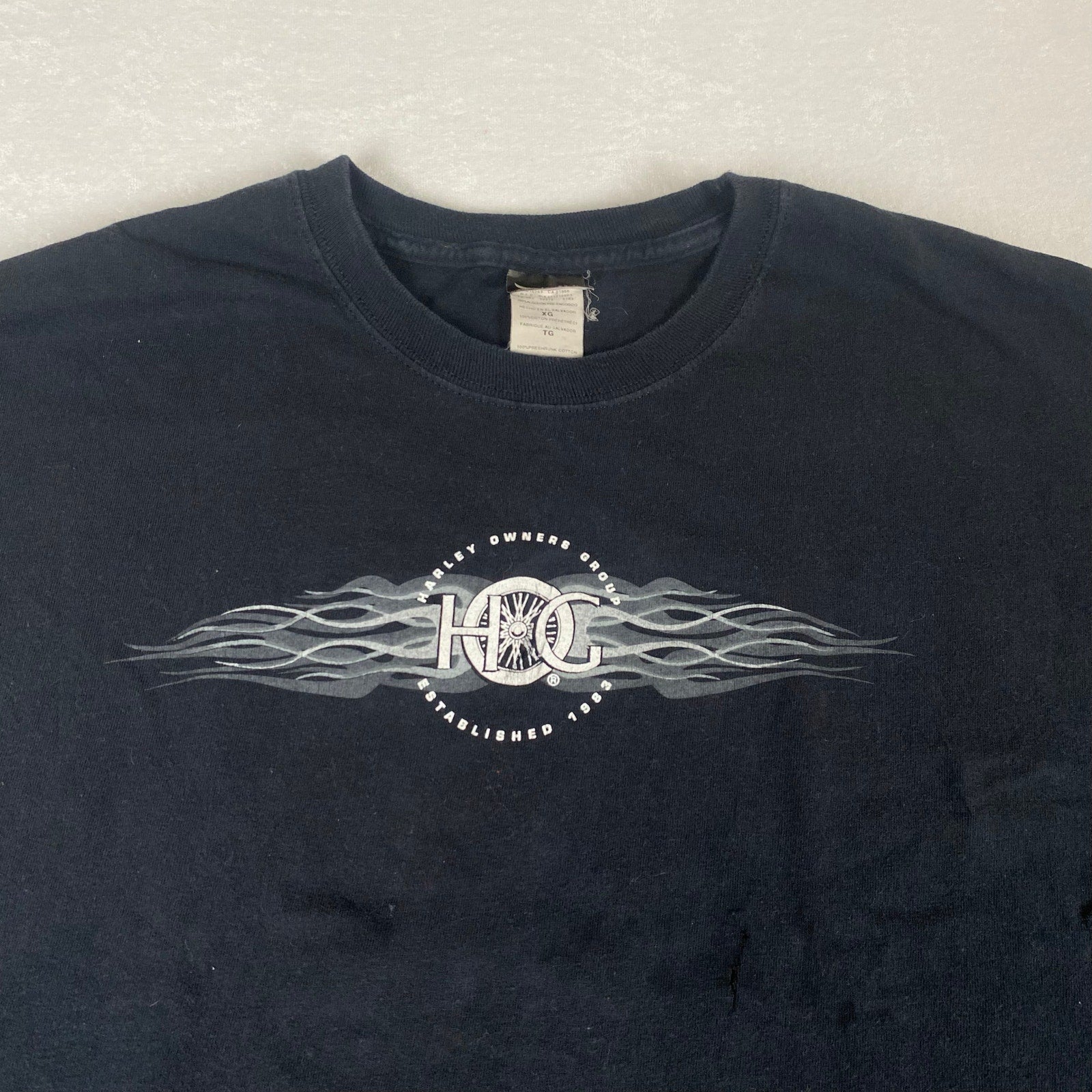 Harley Davidson Owners Group Omaha Flames Distressed Faded Black Cotton Tee