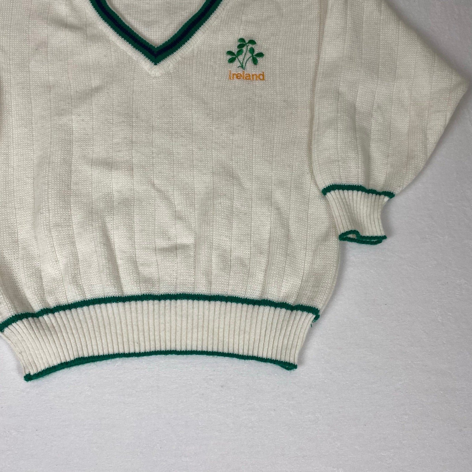 Vintage Made in Ireland Crafton Shamrock White Green Deep V Neck Knit Sweater