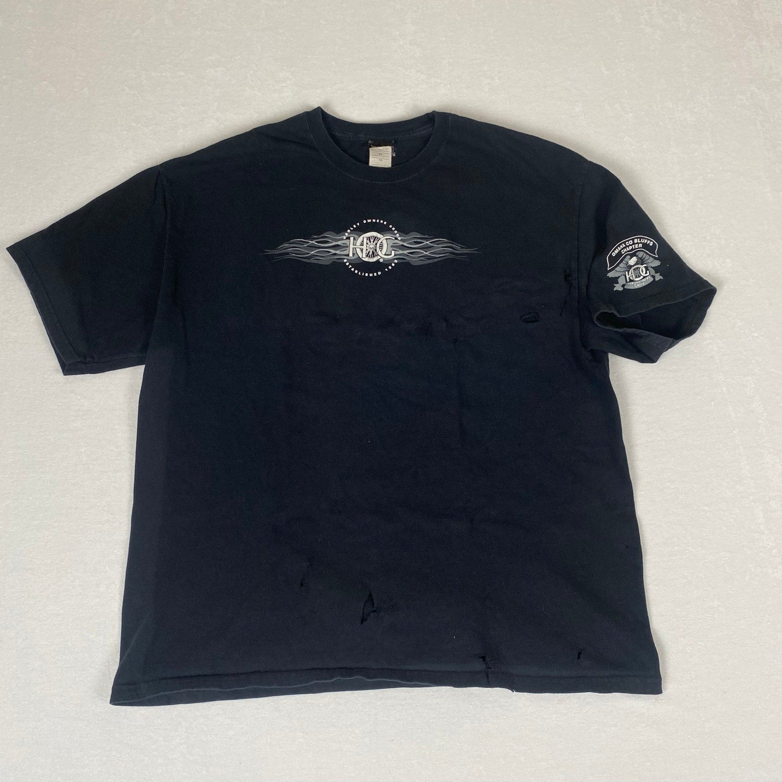 Harley Davidson Owners Group Omaha Flames Distressed Faded Black Cotton Tee