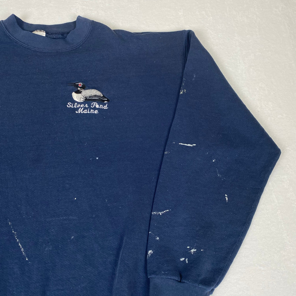 Vintage Made in USA Silver Pond Maine Paint Splatter Distressed Blue Sweatshirt