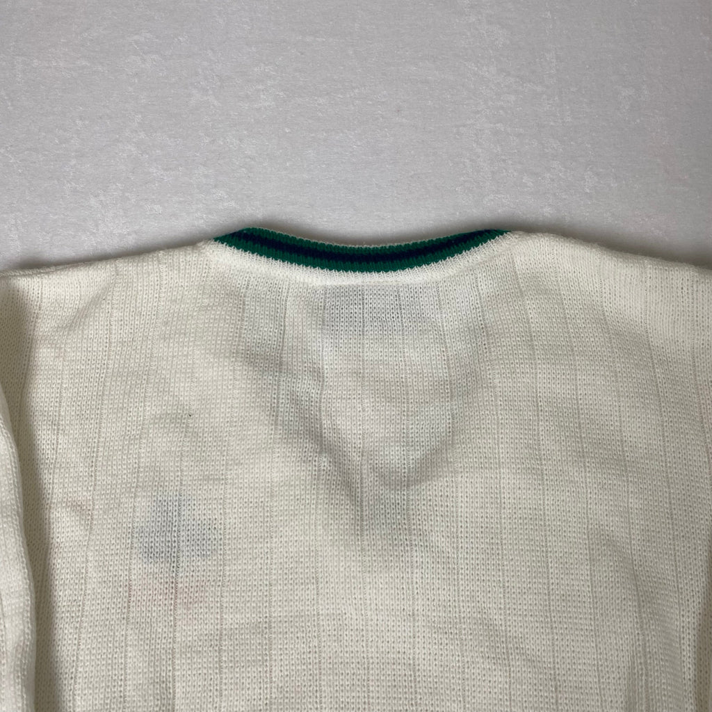 Vintage Made in Ireland Crafton Shamrock White Green Deep V Neck Knit Sweater